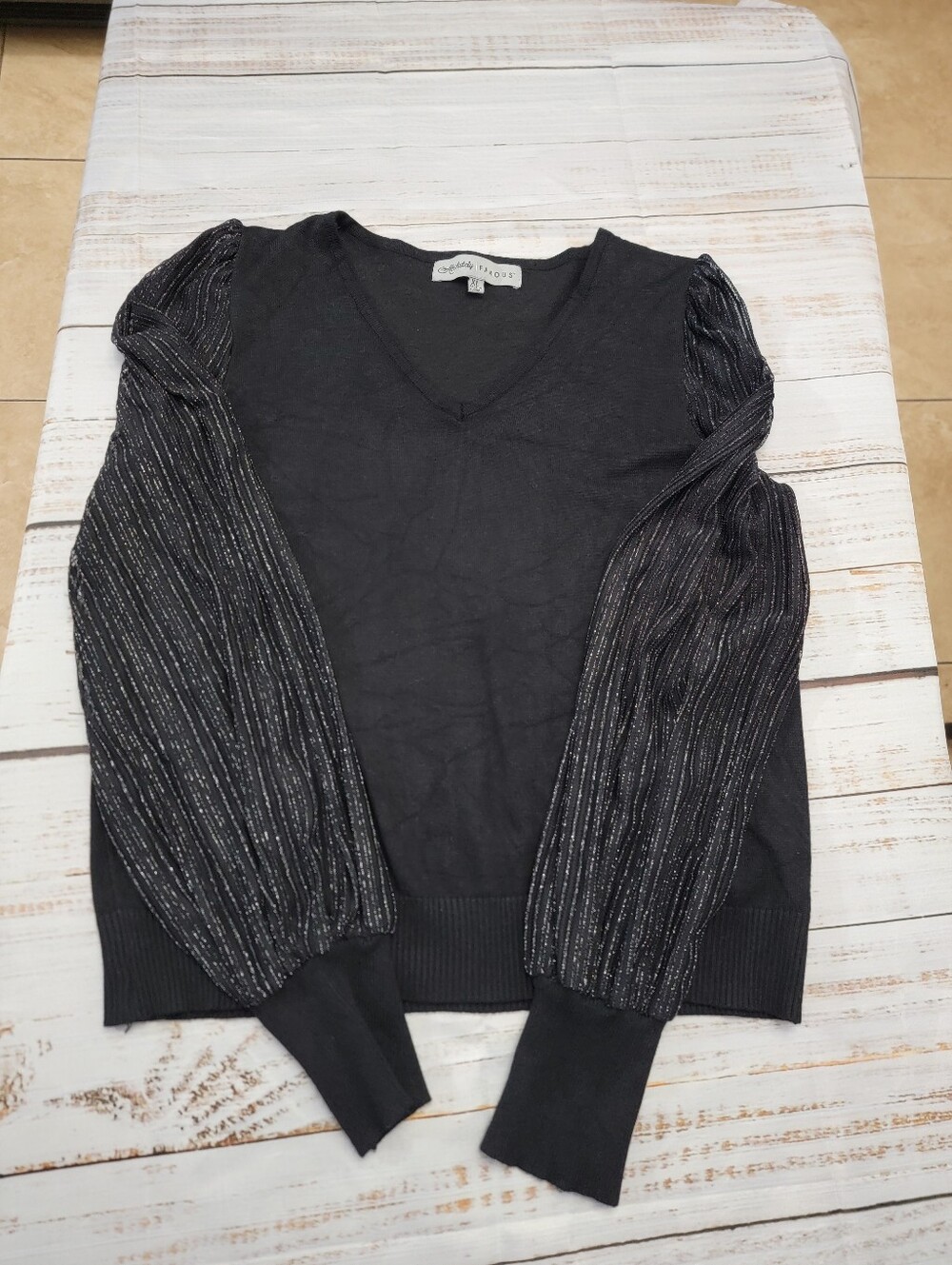 Absolutely Famous Black V-Neck Sweater with Shimmery Striped Puff Sleeves